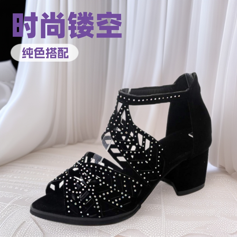 Cross-border 2024 summer foreign trade new plus size solid color hollow back zipper fish mouth women's fashion thick high heel sandals