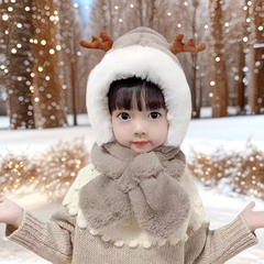 冬季儿童帽子围巾一体帽加绒加厚卡通两件套可爱超萌男女童护耳帽