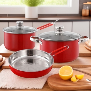 Stainless Steel Set Pot Red Pot Three-Piece Set Soup Pot Frying Pan Milk Pot Gift Pot Set Kitchen Three-Piece Set