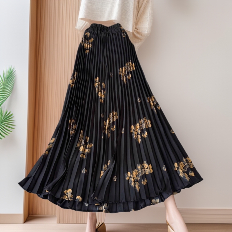 外贸2025秋季雪纺半长裙新款遮盖式优雅大摆伞裙褶花a字裙