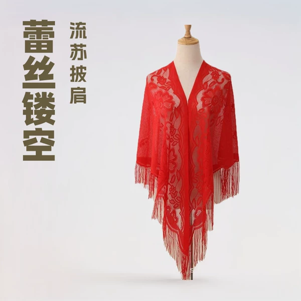 Cross-border Etsy in stock Lace Hollow Fringe Shawl Light Silk Scarf French Dinner Dress Shawl Triangle Poncho