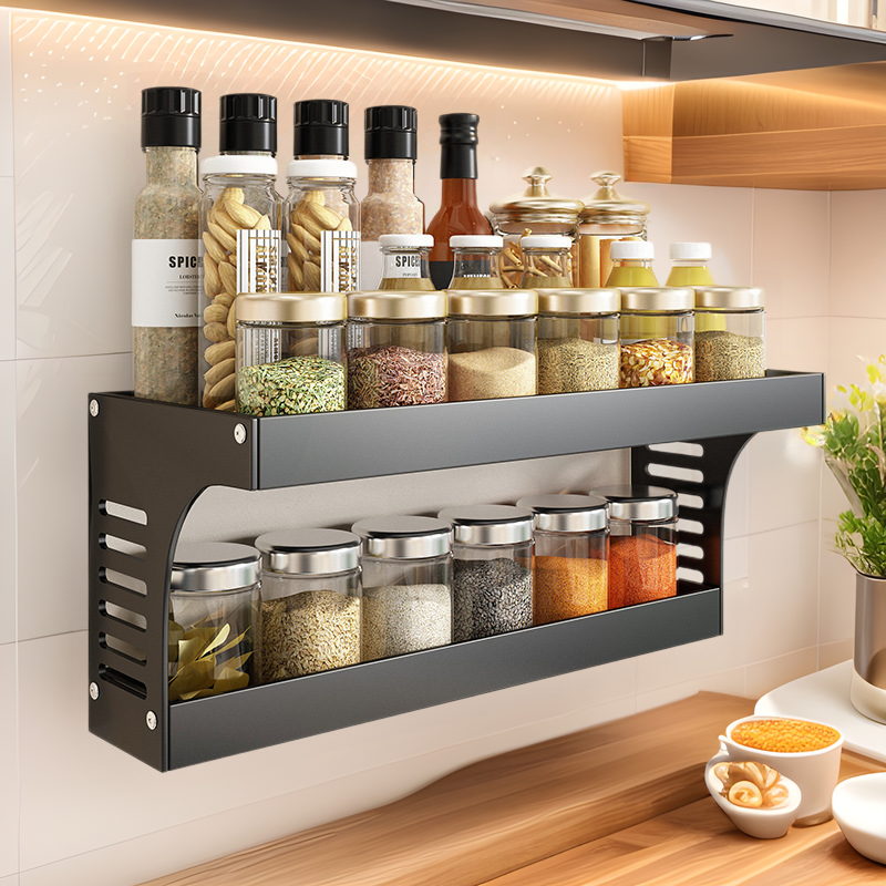 Kitchen Spice Storage Rack Without Punching Wall-Mounted Black Wall Spice Supplies Multi-Functional Two-Layer Storage Rack