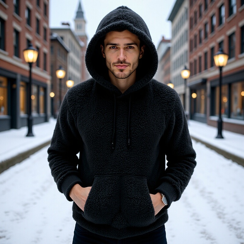 Autumn and Winter Men's Clothing, Simple and Casual Teddy Fleece Applique Drawstring Hooded Long-Sleeved European and American Men's Sweatshirt, Factory Direct Sales