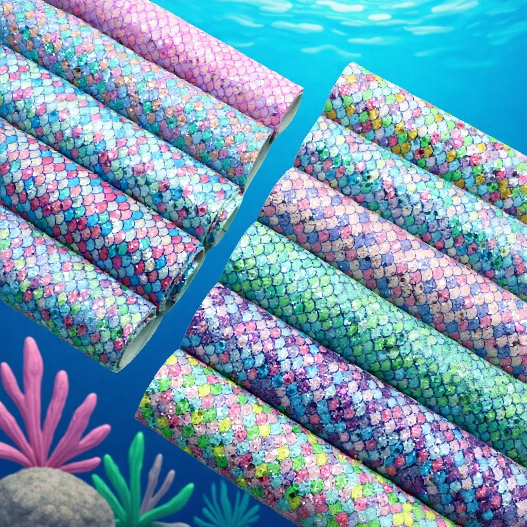 七彩鱼鳞纹棉绒底皮革面料发饰童鞋pvc人造切片1Yc64582首饰