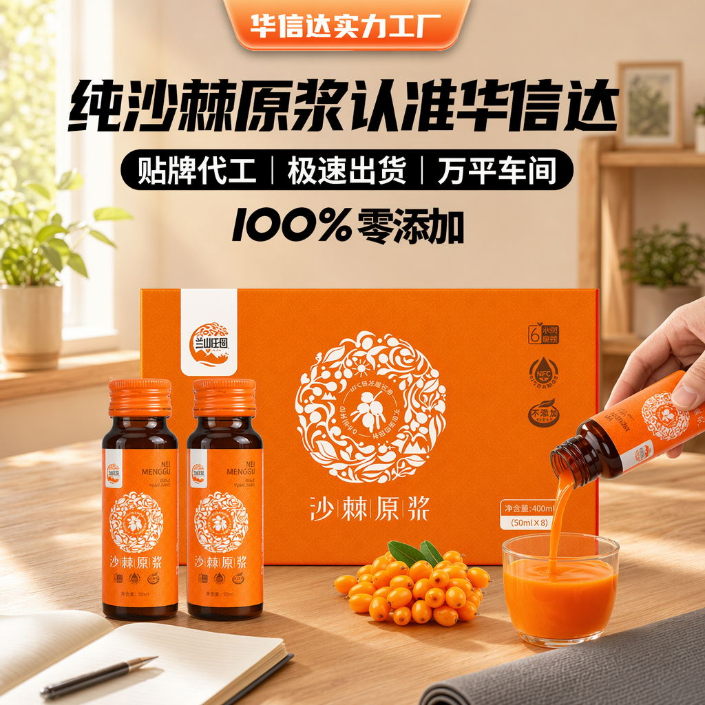 沙棘原浆鲜果鲜榨400ml/盒不添加沙棘汁贴牌代工源头厂家
