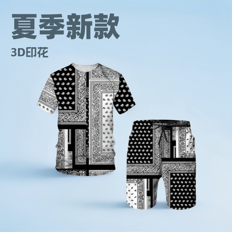 2022 년 여름 새로운 유럽과 미국의 남성 스포츠 세트 레저 비치 스타일 3D 디지털 인쇄 티셔츠 반바지 세트