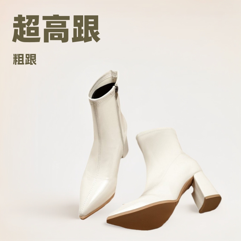 2025 Autumn/Winter New French Style Ultra High Chunky Heel High Heels in Stock Cross-Border Ankle Boots Plus Size Short Boots Pointed Toe