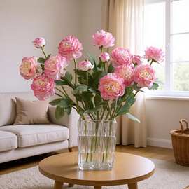 仿真高端3头植绒千姿露莲 洋牡丹仿真花居家婚庆装饰高级感假花束