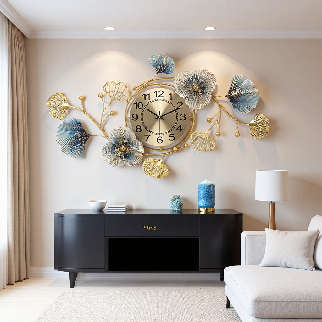 中式家居壁挂式客厅装饰工艺大气银杏叶轻奢餐厅家用时钟挂钟钟表