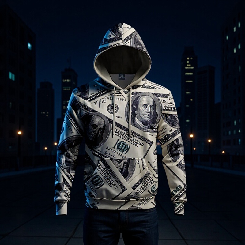 Cross-Border Spring and Autumn New Trendy European and American Fashion Loose Pullover 3D Digital Print Money Pattern Long-Sleeve Hooded Sweatshirt for Men