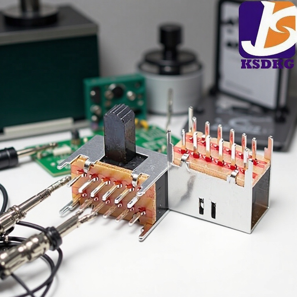 供应卧式12脚插件 4P2T带固定脚2档拨动开关 直柄波段滑动开关