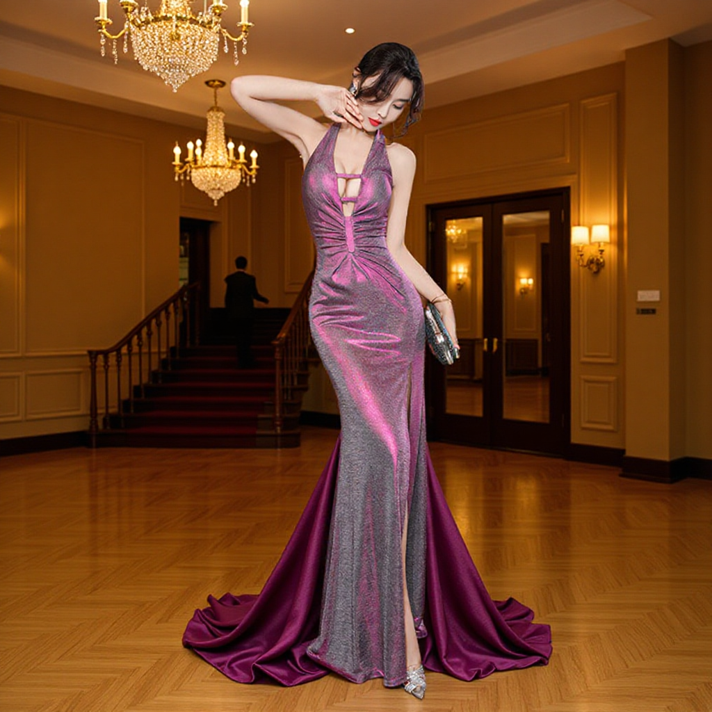 New sexy long halter toast clothing slim-fit slimming seductive nightclub hip-wrapped fashion socialite car model evening dress