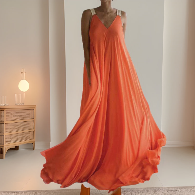2025 Summer Amazon Orange V-Neck Long Dress Bohemian Plus Size Strap Dress Versatile