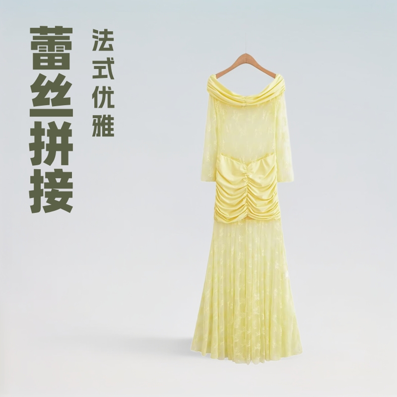 Long-Sleeved Dress with French-Style High-End Elegance, Lace Splicing, Off-Shoulder, Ruched Waist, Sexy Long Dress