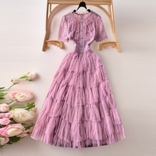 欧美复古优雅连衣裙女名媛气质钉珠蕾丝拼接网纱蓬蓬蛋糕裙长裙子