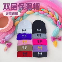 儿童蝴蝶新款刺绣针织帽子双层保暖套头腈纶毛线帽子