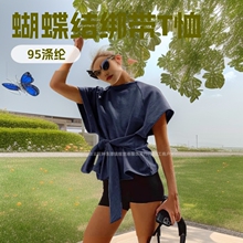 欧美女装2025夏季热销欧美亚马逊时尚蝴蝶结绑带个性T恤休闲外贸