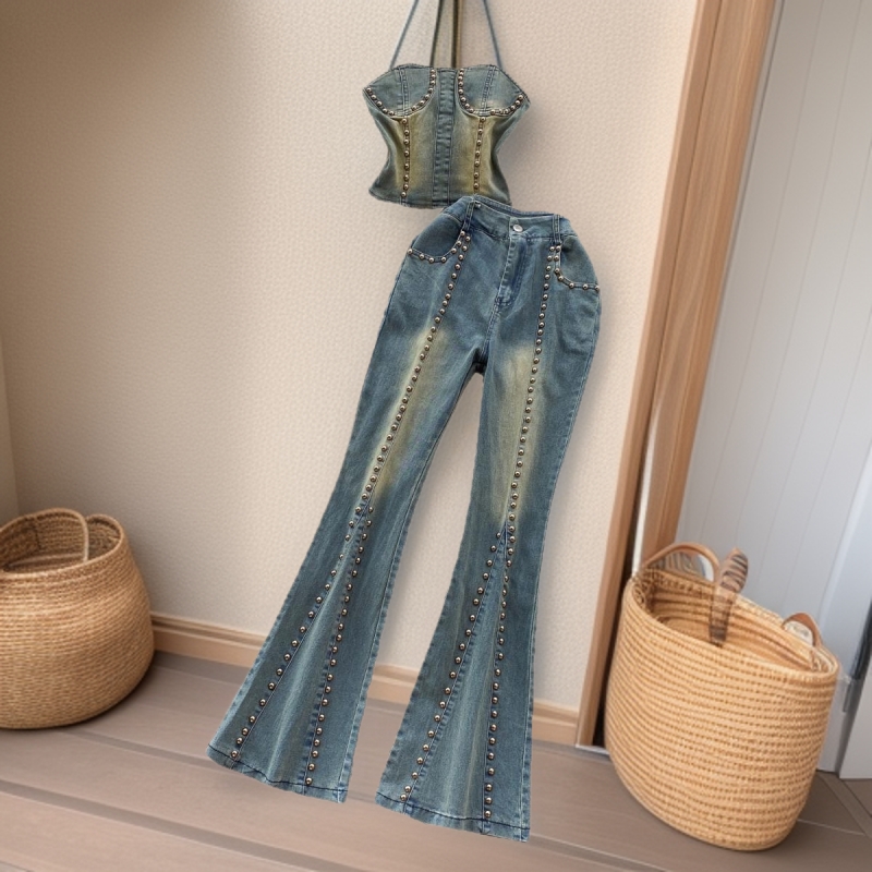 Women's Slimming Beaded Denim Suit Sexy Strapless Top High Waist Slightly Flared Length Retro American Two-Piece Outfit_ecoleips.com