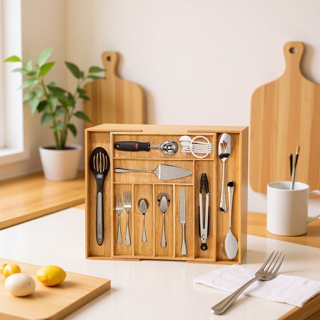 Bamboo Drawer Storage Cutlery Organizer with Compartments, Expandable Dividers for Kitchen Organization and Desktop Storage