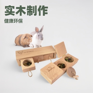 Solid Wood Rabbit Hay Feeder Wooden Pet Interactive Snuff Logo Forager Pet Food Tray Feeding Box