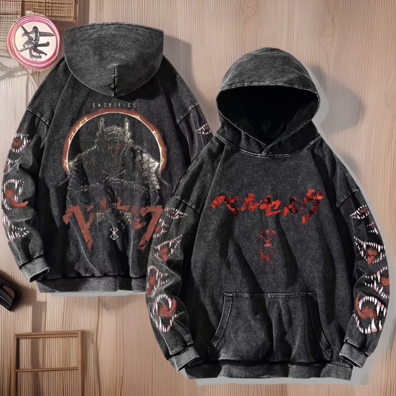Anime Jujutsu Kaisen Hoodie Berserk Printed Harajuku Washed Hooded Sweatshirt Men