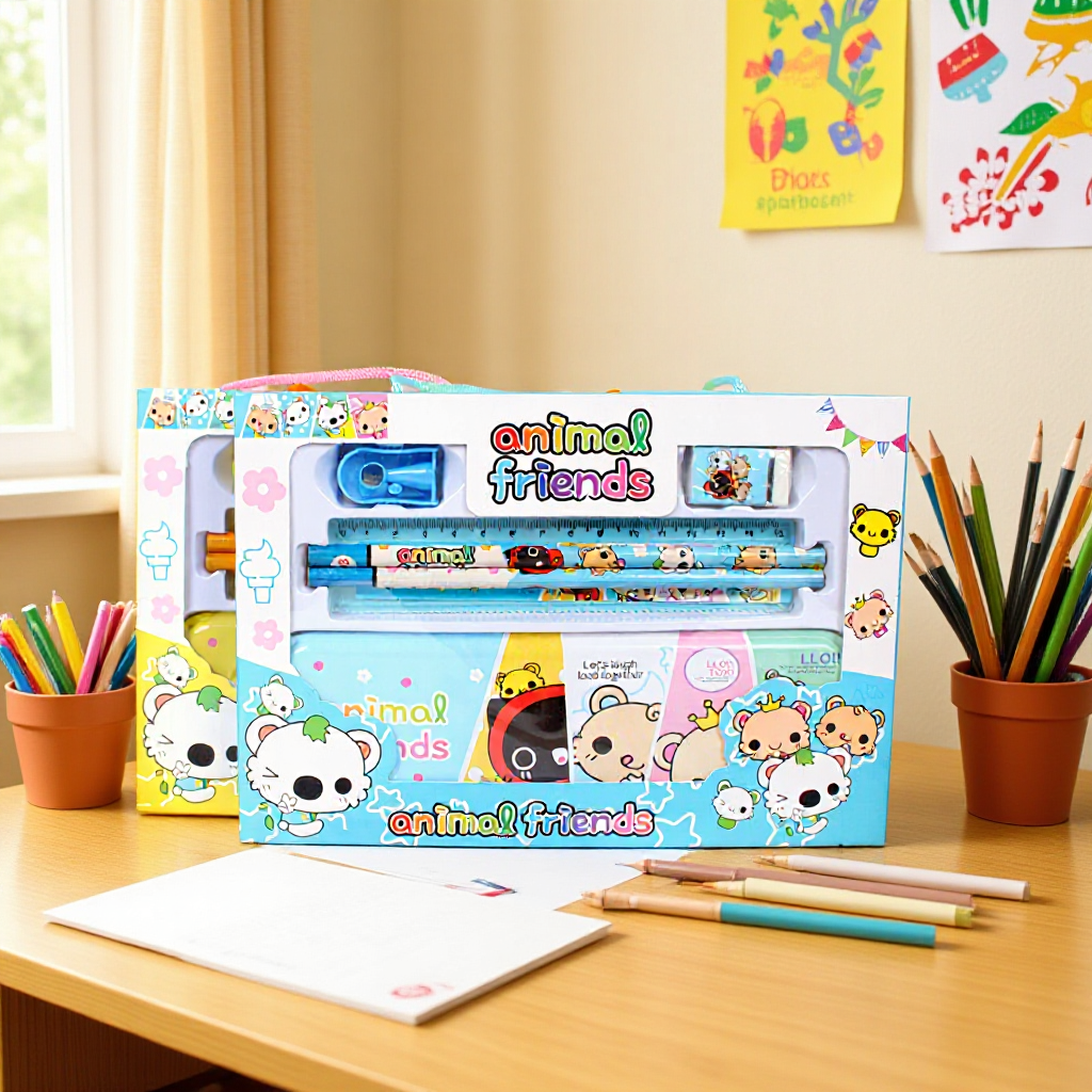 Creativo de dibujos animados estudiante papelería traje de niños portátil de seis piezas conjunto kindergarten caja de regalo Premio caja de papelería al por mayor