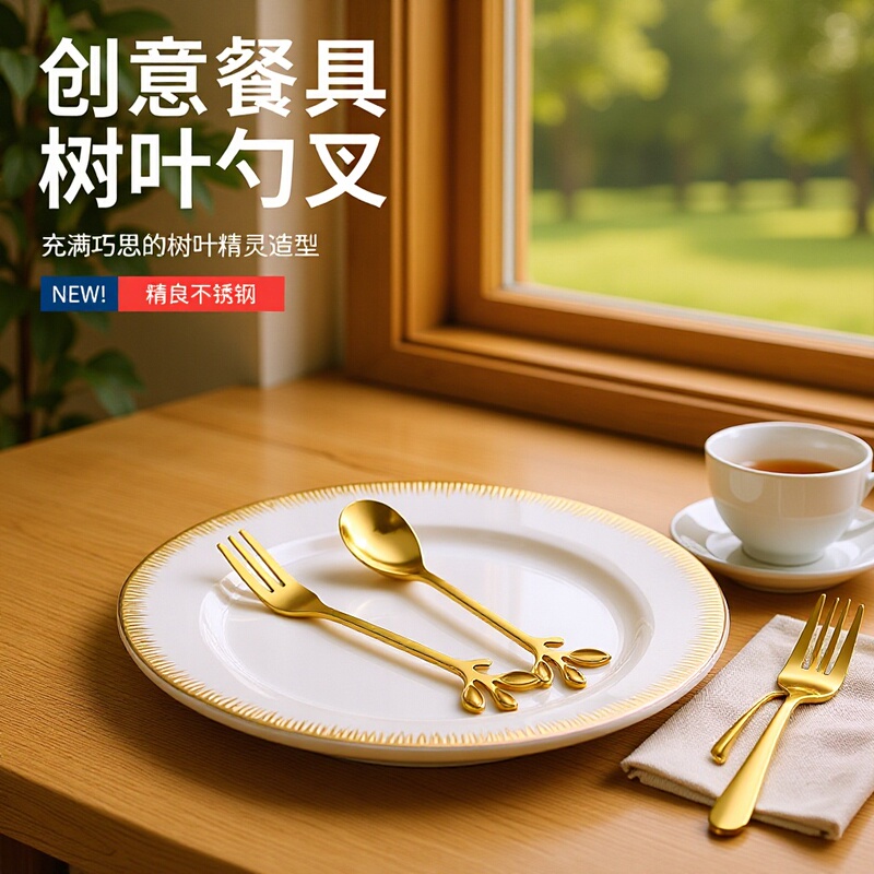 Ins Creative Stainless Steel Leaf-Shaped Fork and Spoon, Small Gold-Colored Coffee Cutlery, Cake Dessert Fruit Fork Wholesale