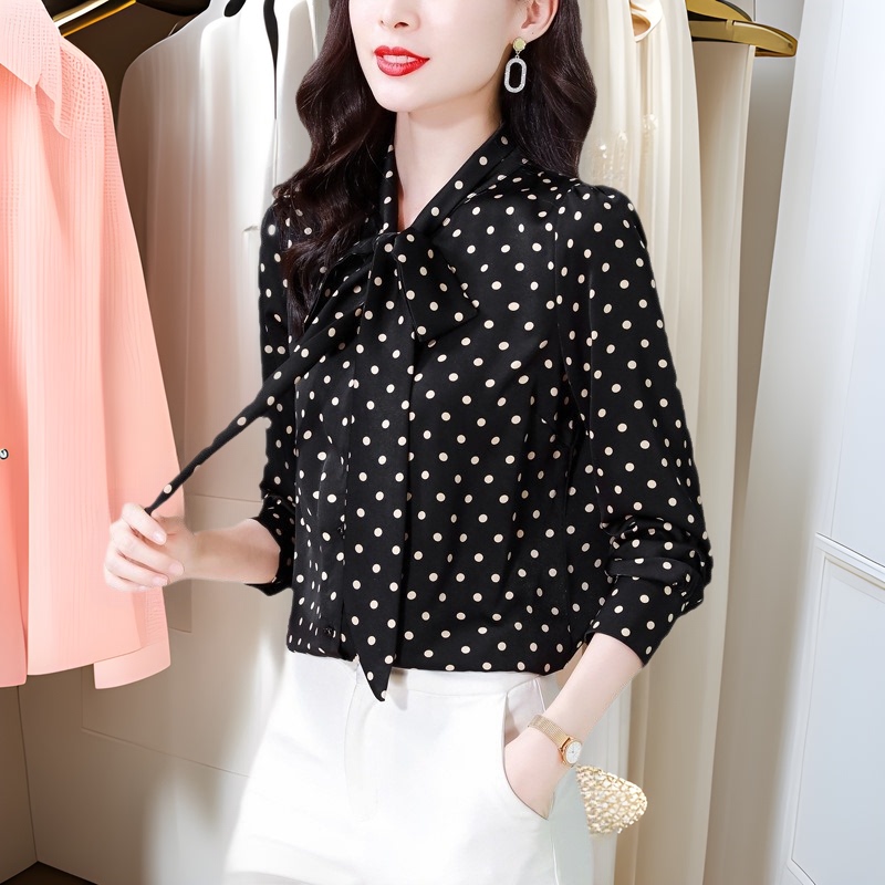 Counter High-End Silk Polka Dot Shirt Women's Long-Sleeved 2025 Autumn New Style Bow High-End Mulberry Silk Shirt