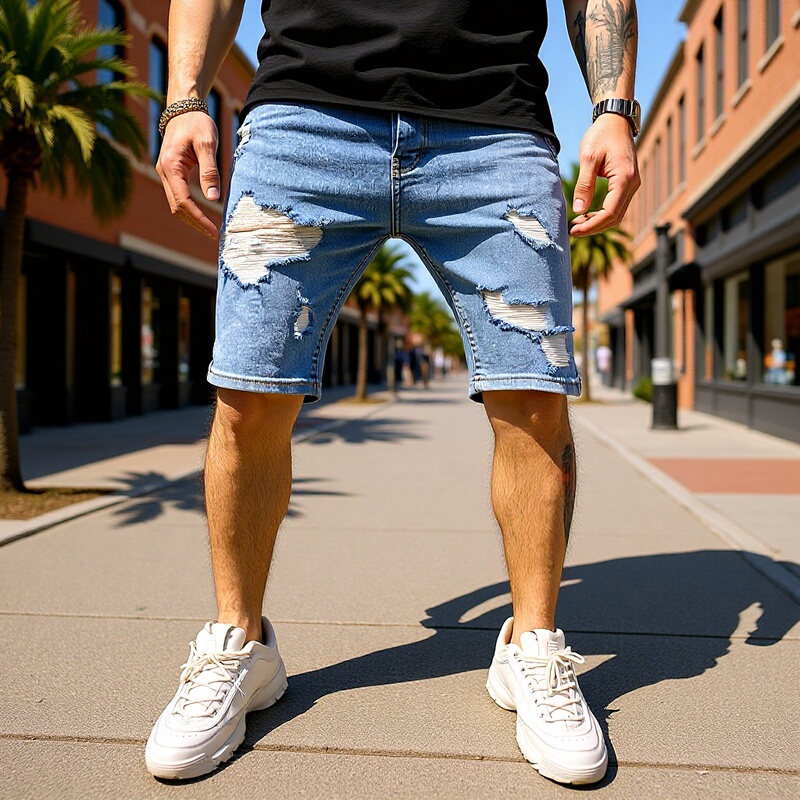 Light Blue Ripped Men's Fashion Denim Shorts, American Street Style Casual Versatile Jeans