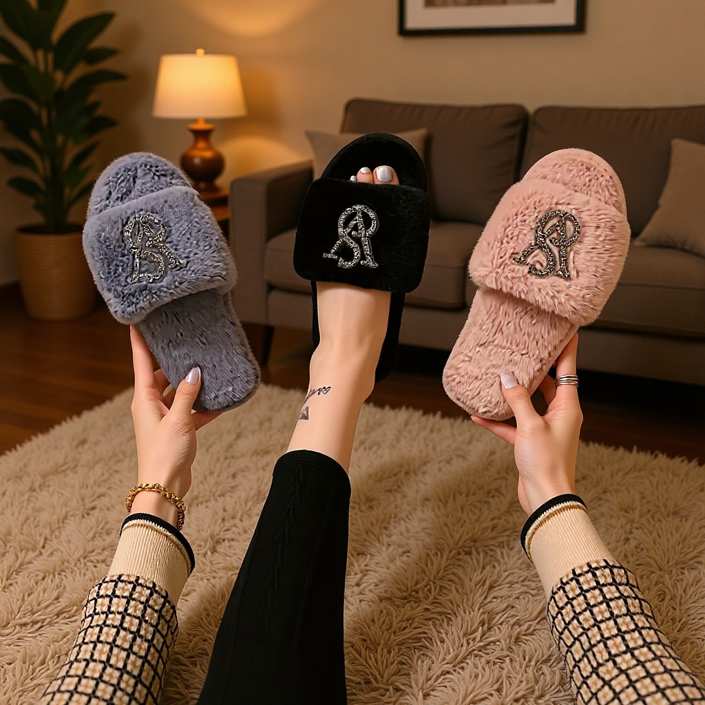 여성용 수입 워터다이아몬드 털 슬리퍼, 실내용 반짝이 보석 장식 따뜻한 오픈토 면 슬리퍼, 여성용 푹신한 슬리퍼