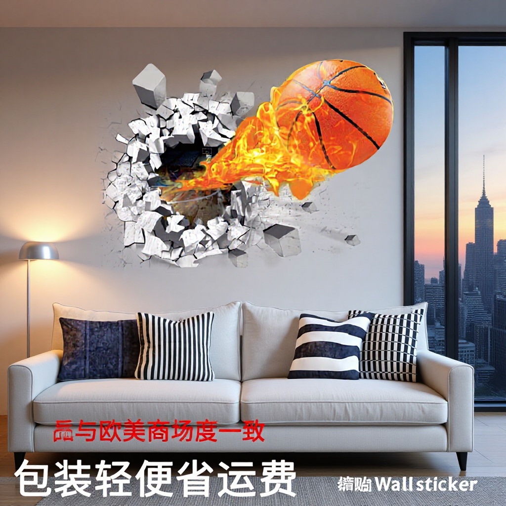 3D Wall-Breaking Flame Basketball Wall Stickers for Boys' Children's Room Decoration, Bedroom Headboard Wall Stickers, Self-Adhesive and Won'T Damage the Wall