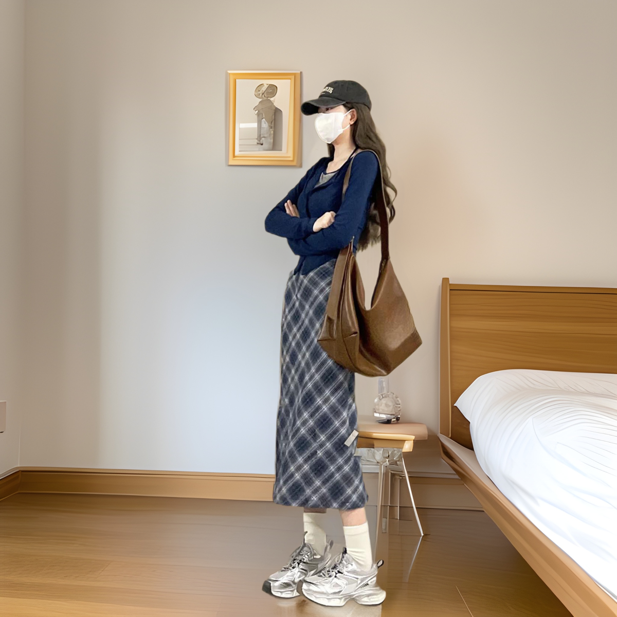 145小柄な小柄な日本のレトロな格子のスカートの女性のハイウエストのa字はお尻の中の長いタイプのxsを包んで高く配合します。