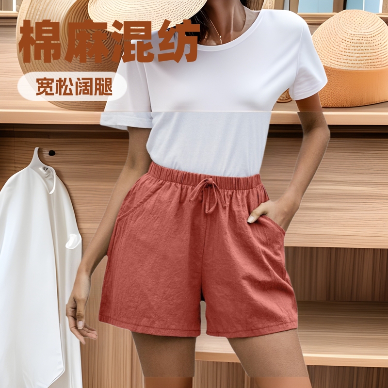 Cross-Border Women's Clothing 2025 Summer Amazon Cotton and Linen A-Line Short-Sleeved Loose Wide-Leg Pants Women's Shorts Casual Style