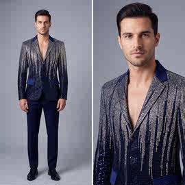 男士渐变蓝色亮片西服平驳领休闲西装外套DJ闪亮舞会礼服修身款