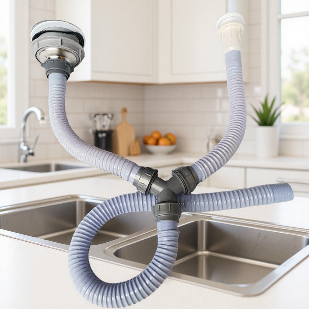 Double Sink Drain Kit for Balcony Drain Pipe, Laundry Sink Double-Ended Three-Way Drain Fitting Set