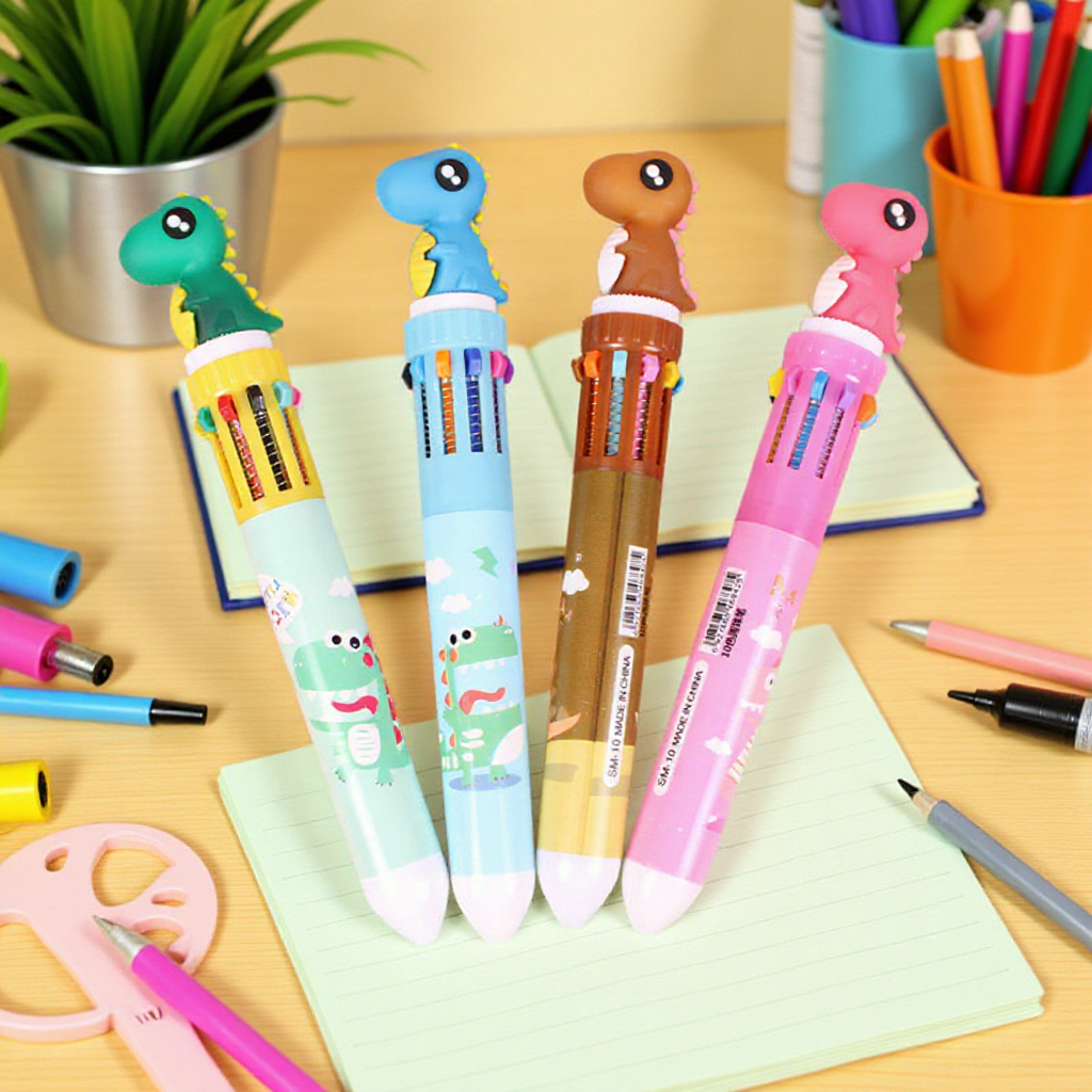 Creativo de dibujos animados animal forma bolígrafo de diez colores se puede presionar aceitoso multicolor pluma estudiante papelería escritura pluma al por mayor
