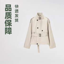 跨境2025秋季新款欧美风女装休闲腰带饰宽松设计感长袖风衣外套女