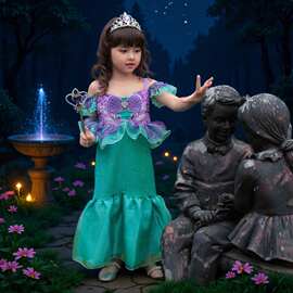 2025欧美童装新款公主裙美人鱼女童连衣裙万圣节表演服装一件代发