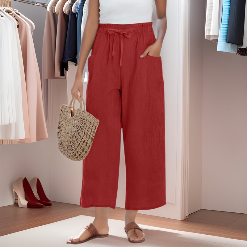 2025 Amazon Cross-Border Popular Drawstring Elastic Waist Casual Cropped Linen Wide-Leg Pants for Women Linen Wide-Leg Pants