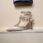 夏季新款尖头铆钉真皮高跟鞋细跟透气凉鞋女舒适防滑宴会晚宴鞋