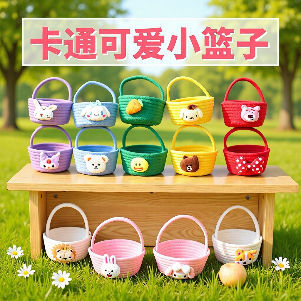 可爱卡通原创手工编织小篮子花篮糖果蓝礼物篮手提篮采摘篮小花篮
