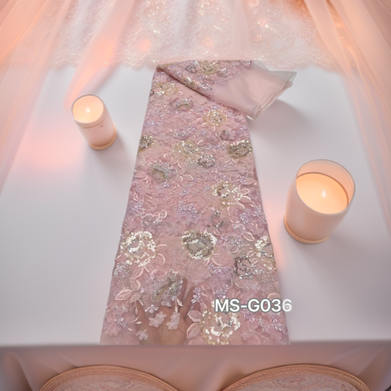 2025热销新珠管激光绣重工立体花高档婚纱礼服蕾丝布料精美亮片绣