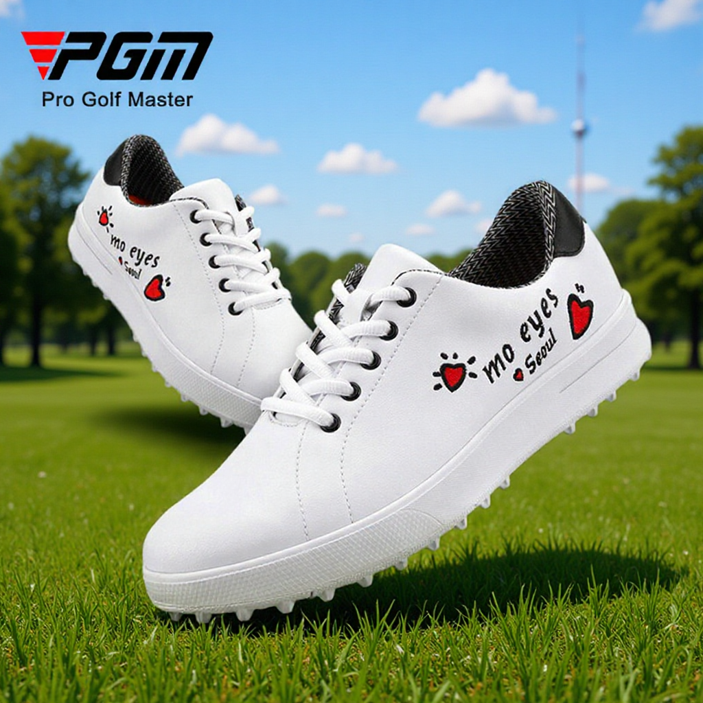 Pgm Women's Golf Shoes with Fixed Spikes, Anti-Slip and Waterproof, Korean Style, Soft Laces, Versatile White Shoes