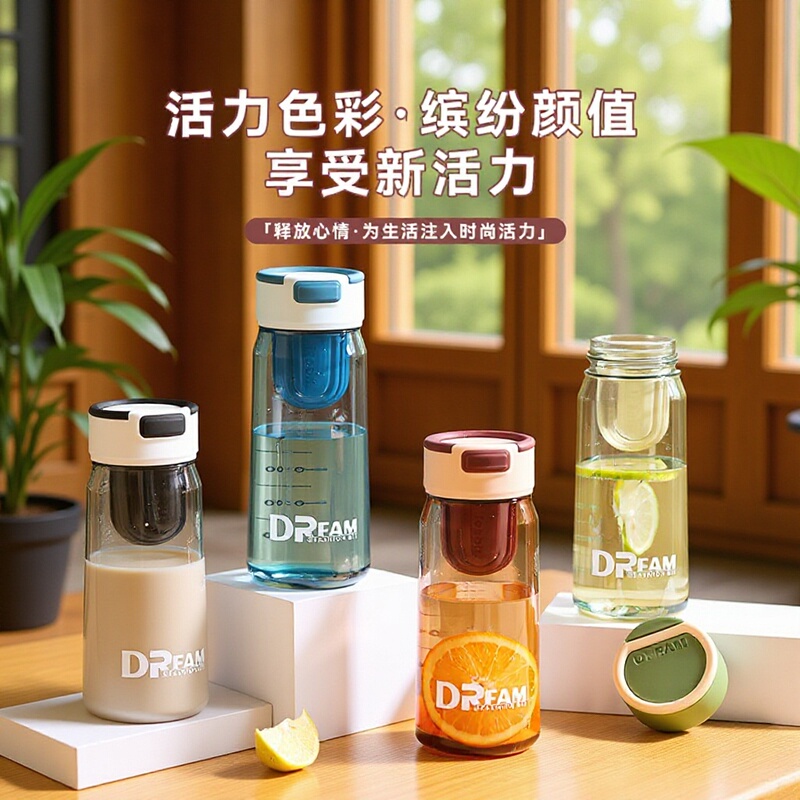 Fashion bit new simple straight Cup with tea compartment handle Cup student plastic cup with scale Tea Cup