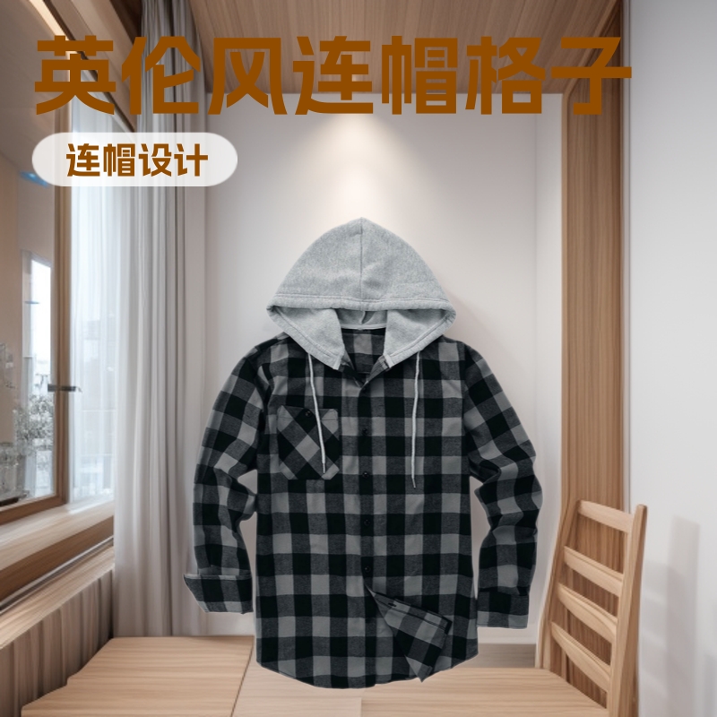 Camisa a cuadros con capucha transfronteriza para hombres 2023 Comercio exterior otoño Harajuku estilo camisa a cuadros con capucha camisa casual para hombres