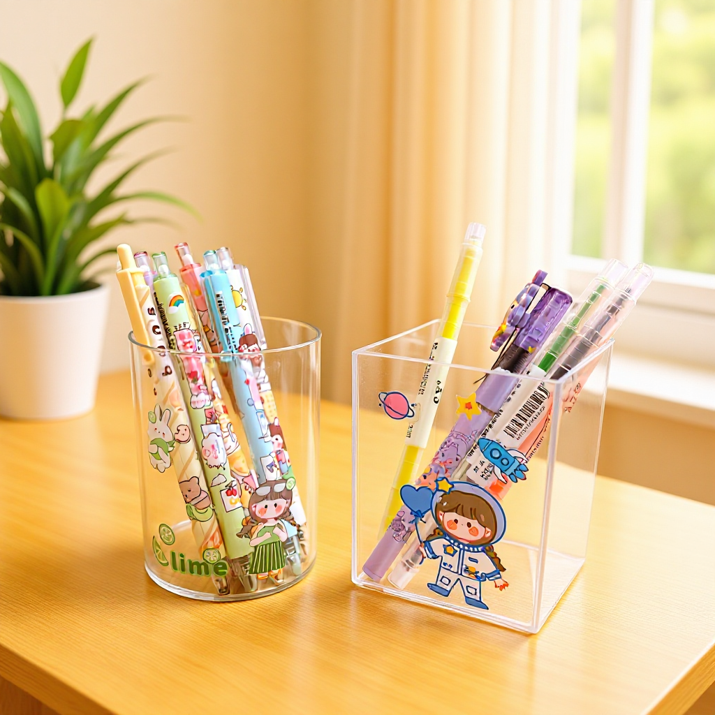 Amazon Simple Acrylic Transparent Pen Holder Student Stationery Storage Bucket Desktop Organizer Makeup Brush Storage Box
