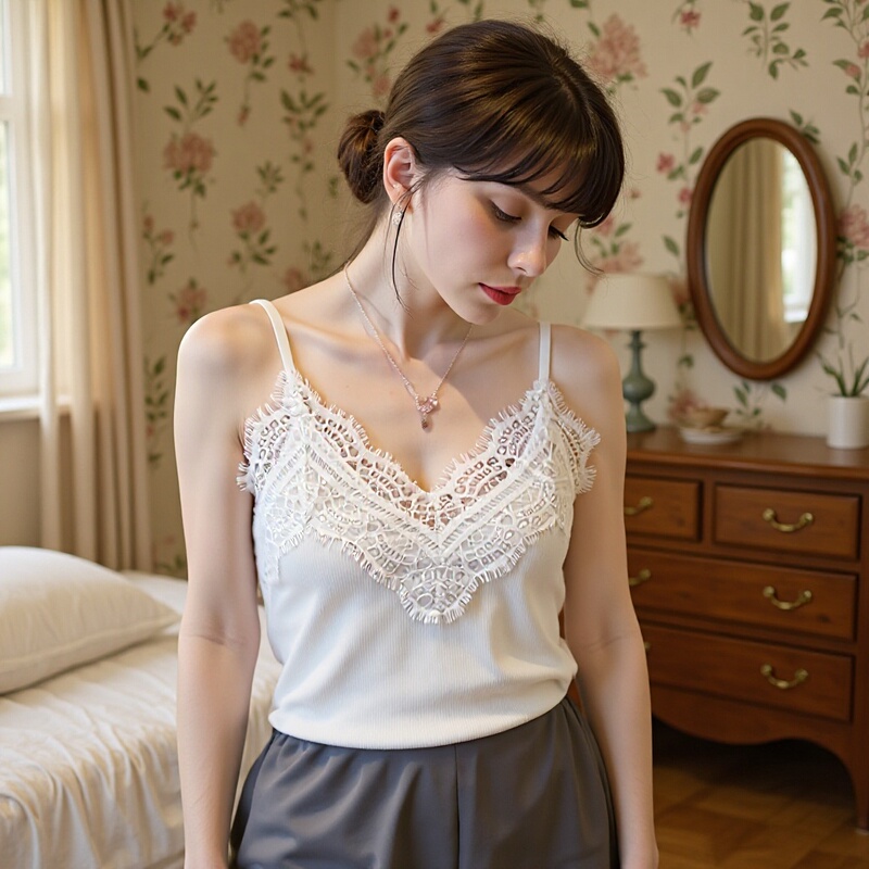 Pure Desire Camisole for Women, Suitable for Work, Off-The-Shoulder, Thin, Can Be Worn as an Inner Layer or Outerwear, Lace Sleeveless Top