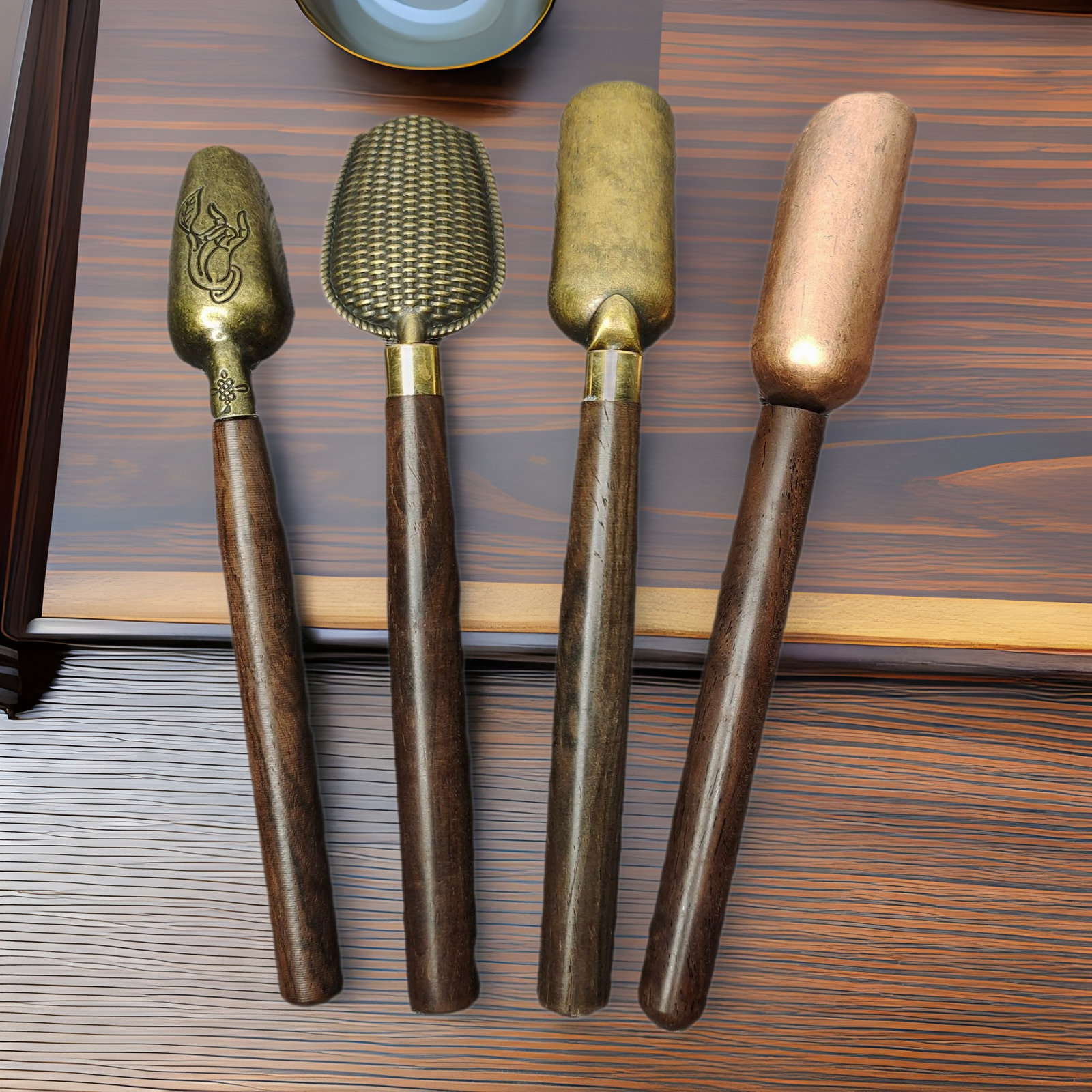 Ebony copper tea spoon solid wood tea spatula teaspoon factory direct wholesale kung fu tea set tea ceremony accessories