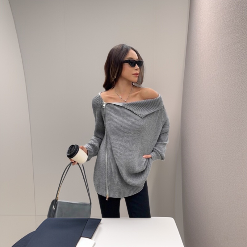 Asymmetrical Diagonal Zipper Turtleneck Sweater for Women, Loose Mid-Length Ribbed Knit Top and Paper Yarn Knit Sweater Asymmetrical Diagonal Zipper Turtleneck Sweater for Women, Loose Mid-Length Ribbed Knit Top and Paper Yarn Knit Sweater