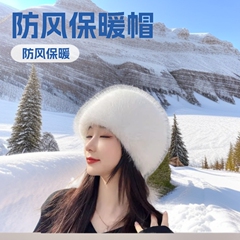 防风帽无檐平顶仿皮草毛毛水桶帽护耳保暖帽子冬季女款防寒仙女帽